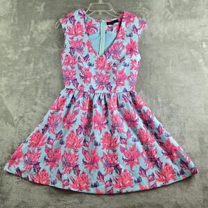 Ally Mini Dress Womens 2 Turquoise Pink Floral V Neck Sleeveless A Line Cocktail